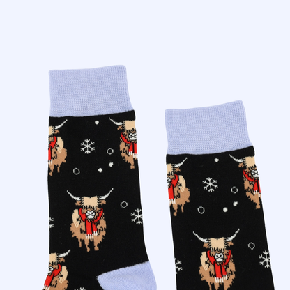 Christmas Highland Cow Socks | Festive Blue Bamboo Socks UK