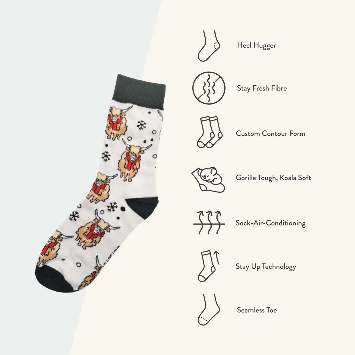 Christmas Highland Cow Socks | Festive White Bamboo Socks UK