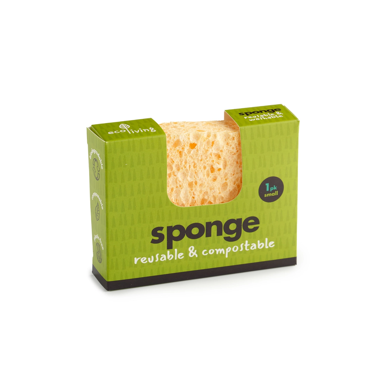 ecoLiving compostable UK kitchen sponge in Large and Wavy shapes made from cotton, wood pulp and flax, on a white background.