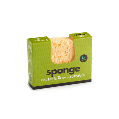 ecoLiving compostable UK kitchen sponge in Large and Wavy shapes made from cotton, wood pulp and flax, on a white background.