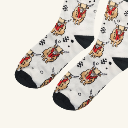 Christmas Highland Cow Socks | Festive White Bamboo Socks UK