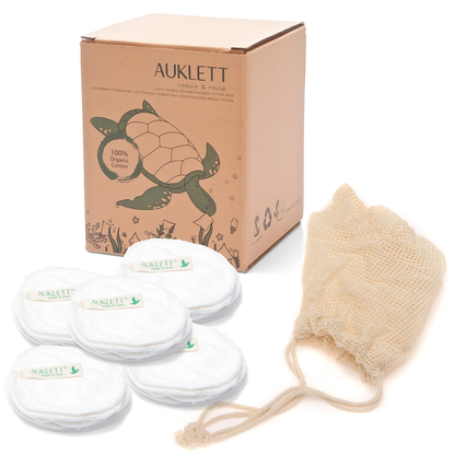 Reusable white bamboo cotton makeup remover pads pack of 20 by Auklett with mesh laundry bag