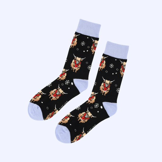 Christmas Highland Cow Socks | Festive Blue Bamboo Socks UK