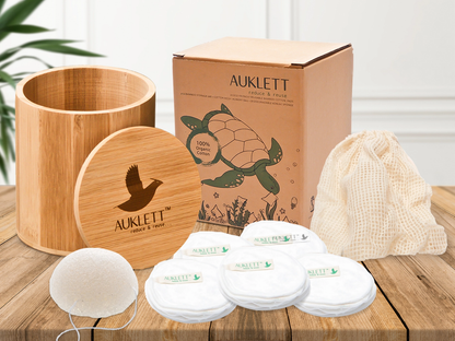 Reusable Bamboo Cotton Pads with Storage Tub and Konjac Sponge