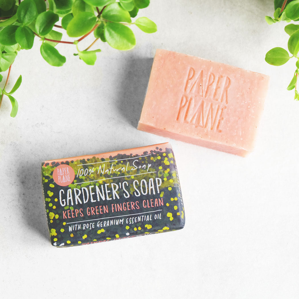 Gardener's rose geranium soap bar by Paper Plane in watercolour floral paper wrap, natural pink tone from madder root, made in the UK