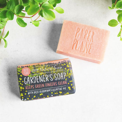 Gardener's rose geranium soap bar by Paper Plane in watercolour floral paper wrap, natural pink tone from madder root, made in the UK