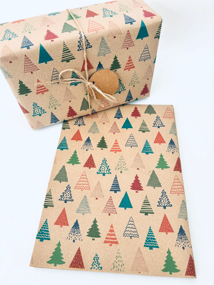 Colourful Christmas Trees Recycled Kraft Gift Wrapping Paper