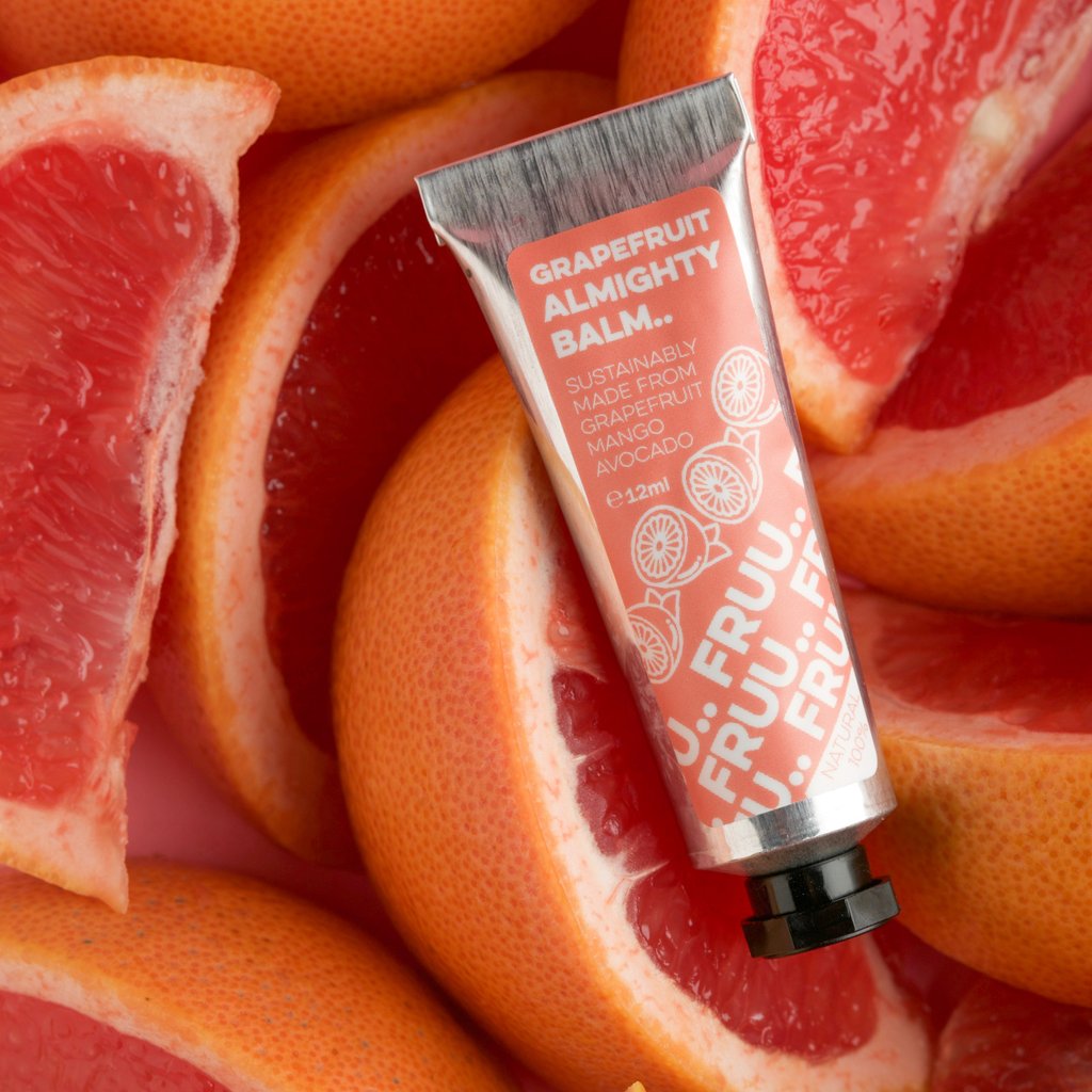 FRUU Grapefruit Almighty Balm 18g in recyclable aluminium tube with grapefruit peel oil, handcrafted in London