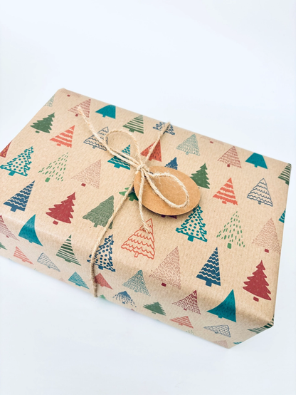 Colourful Christmas Trees Recycled Kraft Gift Wrapping Paper