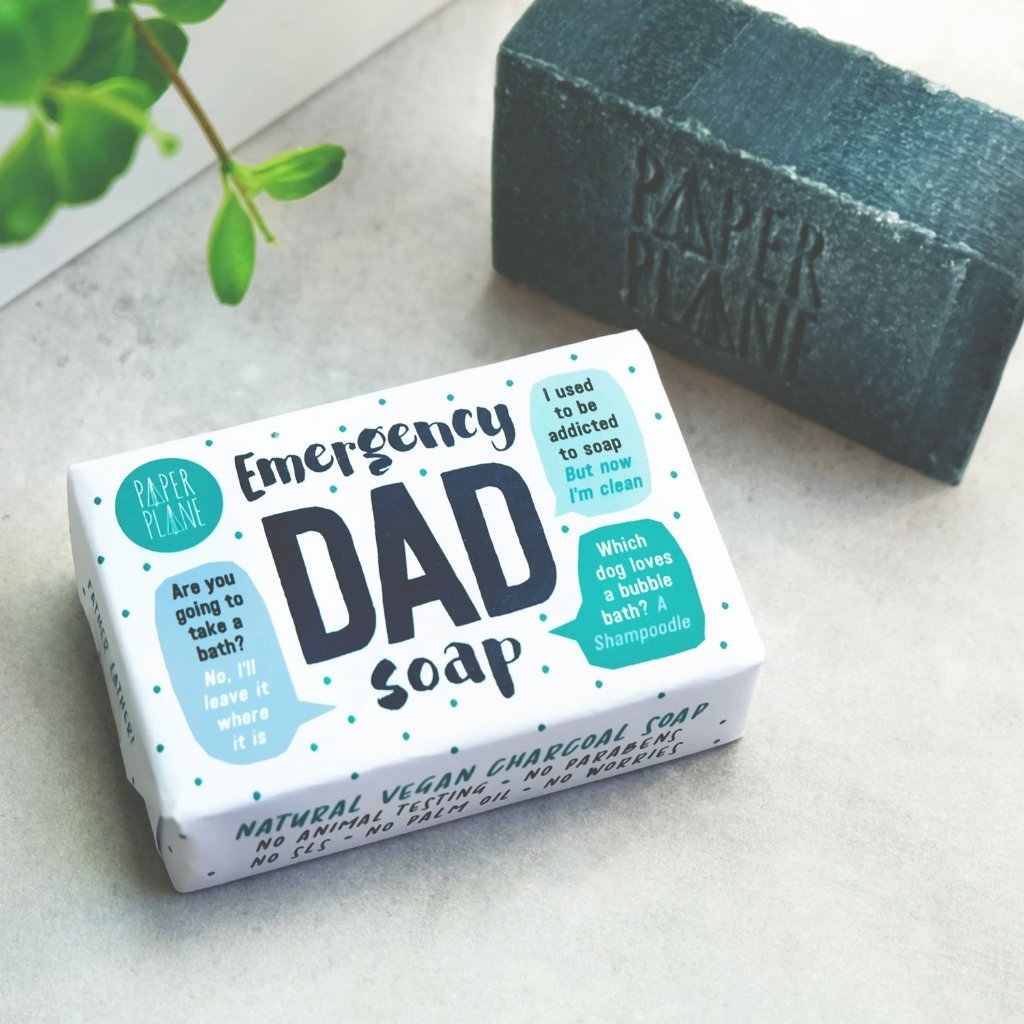 Emergency Dad Soap handmade natural bar by Paper Plane with castor oil, lavender and geranium, made in the UK