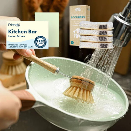 Natural kitchen cleaning bundle with bamboo dish brush, compostable scrubbers and kitchen soap bar